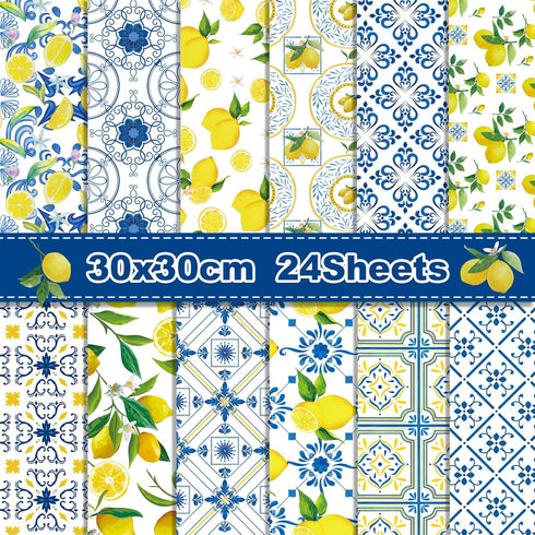 24 Sheets Lemon Scrapbook Paper Pad Double-Sided Blue Tiles Yellow Lemon Patterned Decorative Craft Paper for Card Making Photo Album Journal DIY ...