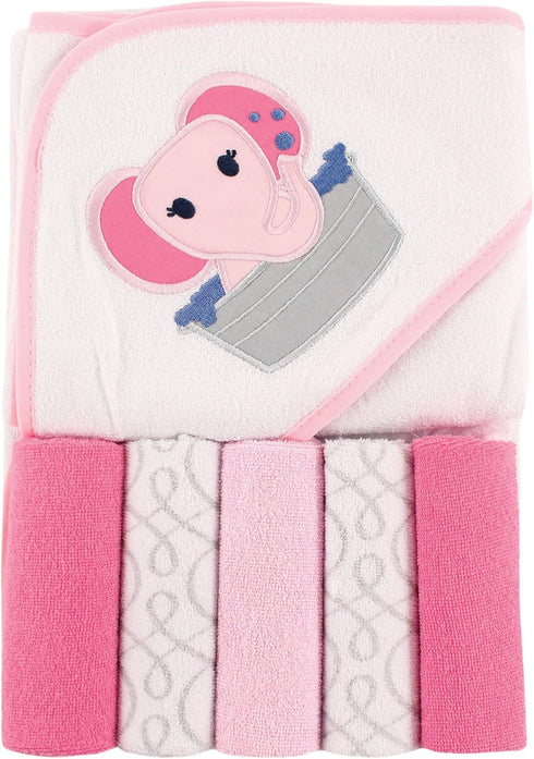 Luvable Friends Unisex Baby Hooded Towel with Five Washcloths, Pink Elephant, One Size...