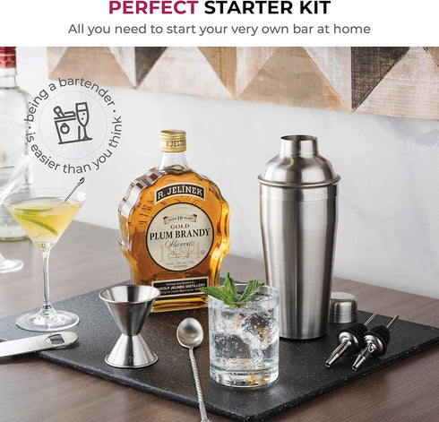 FineDine 7-Piece Cocktail Shaker Set - Bar Tools - Stainless Steel Bartender Kit, with All Bar Accessories, Cocktail Strainer, Double Jigger, Bar ...