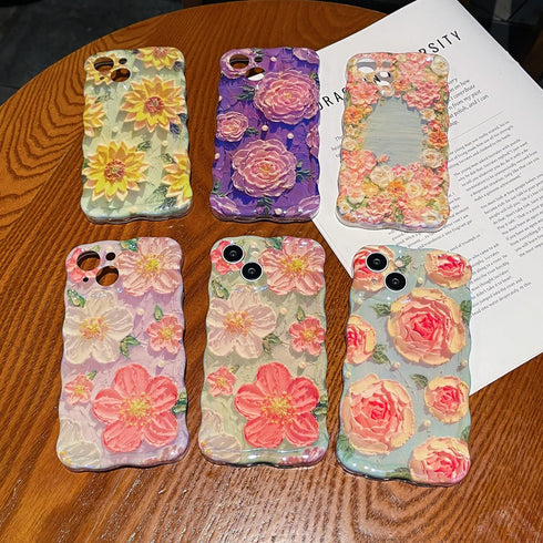 XIZYO Case for iPhone 13, Colorful Retro Oil Painting Flower Cute Floral Aesthetic Curly Wave Frame Laser Glossy Reflective Exquisite Stylish Prot...