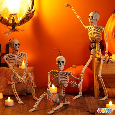 JOYIN 3 PCS Halloween Hanging Skeletons 16" Full Body Posable Joints Movable Plastic Bones for Halloween Party Outdoor Indoor Decor, Yard Patio La...