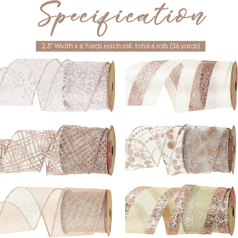 AIMUDI Rose Gold Christmas Ribbon Wired 2.5" Pink Ribbon for Christmas Tree Garland 6 Rolls 36 Yards Rose Gold Glitter Wired Ribbon for Wreaths, G...