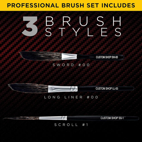 Custom Shop Starter Pinstriping Brush Kit (Sword #00, Scroll #1 & Long Liner - #00) One of Each All 3 Brush Styles - High Performance Striping Bru...