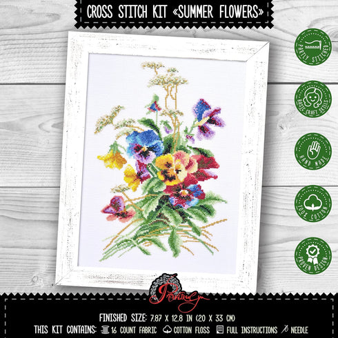 Povitrulya Summer Flowers - Embroidery Set - DIY Counted Cross Stitch Kit with Paper Pattern, 14 Count Aida Canvas and Pre-Sorted Floss...