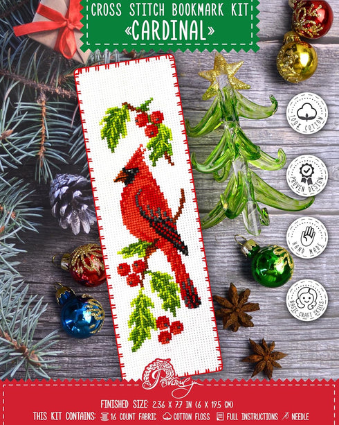 Povitrulya Cardinal - Counted Cross Stitch Bookmark Kit - DIY Embroidery set - Hand Made Christmas Gift for Adults and Kids with a Redbird sitting...