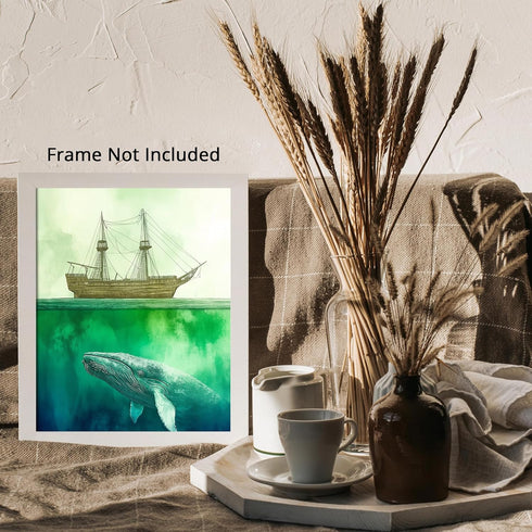Posterizer 1 pcs-watercolor inspired art-grand whale and a ship 1-Coastal & Nautical Art-Collectibles & Fine Art-Living Room Bedroom Decor- unfram...