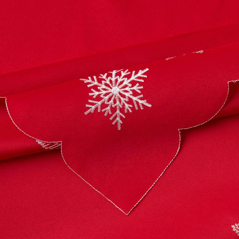 Violet Linen Embroidered Red Christmas Table Topper, 36" Square, Snowflakes...
