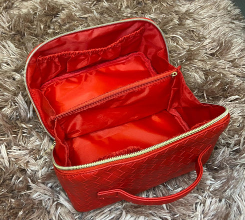 Travel Makeup Bag Water-resistant Large Capacity Red Cosmetic Bag With Elegant Woven Pattern Double-Sided Zipper And Smart Interior Organization F...