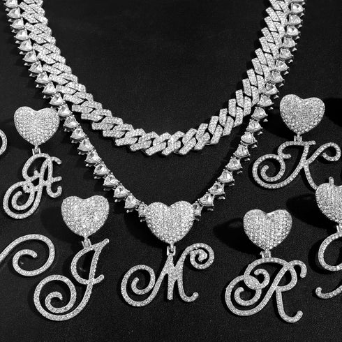 Silver Cuban Link Chain for Women Cursive Initial Layered Necklaces Heart Shape Bling Diamond Iced Out Pendant Necklace for Women 2PCS Hip Hop Cha...