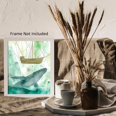 Posterizer 1 pcs-watercolor inspired art-grand whale and a ship 2-Coastal & Nautical Art-Collectibles & Fine Art-Living Room Bedroom Decor- unfram...