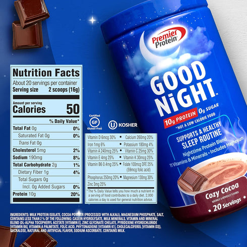 Premier Protein Good Night Protein Powder, Hot Cocoa Mix, 10g Protein, 0g Sugar, 11 Vitamins & Minerals, Nighttime Protein Blend, Magnesium, Zinc,...