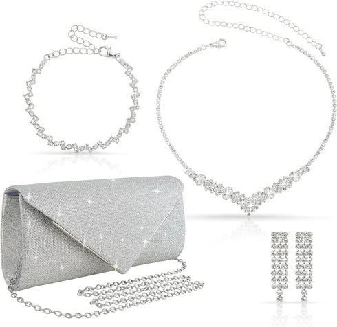 4Pcs Silver Clutch Bag Jewelry Set For Women Rhinestone Shiny Evening Purse Handbag Clutches Purses For Wedding Party Gift (Elegant Style)...