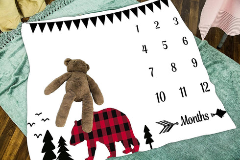Baby Milestone Blanket, Plaid Bear Photography Background Prop for Neutral Newborn Baby Shower, Includes Wreath and Frame 47"x40" BTLSLY56...