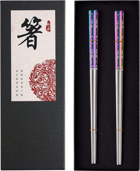Metal Chopsticks, Reusable Dazzling Rainbow Stainless Steel, Titanium Plated, Non-slip, Dishwasher Safe, Eco-friendly, 2 Pairs Gift Set...