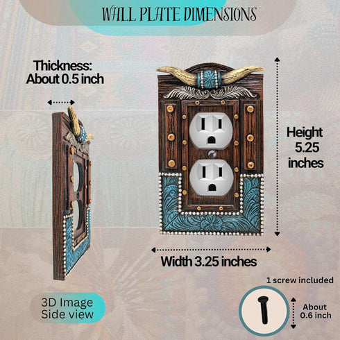 BestGiftEver American Western Home Decor Outlet Cover - Faux Horns and Tooled Leather-inspired Double Outlet Plate Cover- Southwestern Native Indi...