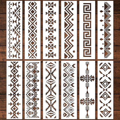 Aztec Stencils for Painting - 12 Pcs Boho Borders Pattern Stencils for Painting, Reusable DIY Stencils for Painting on Wood Canvas Wall, Basic Azt...