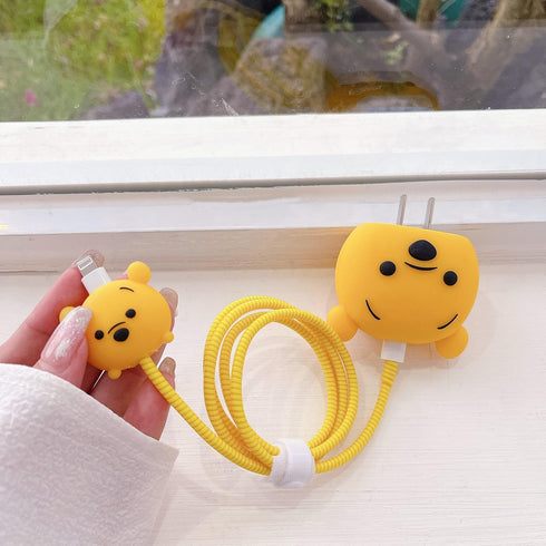 3D Cute Cartoon Charger Protector Case - Compatible for Apple 20W USB-C Power Adapter and Lightning Cable (Yellow Winnie)...