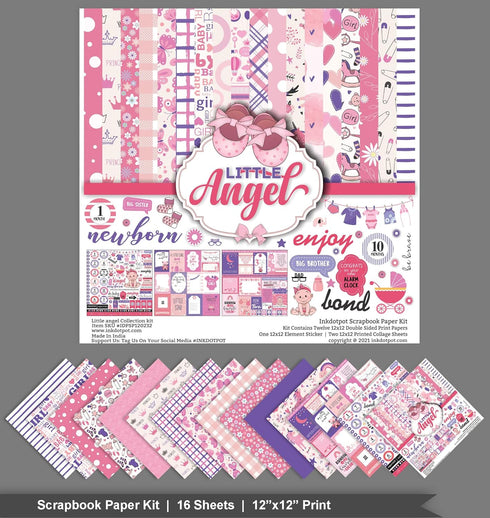 Inkdotpot Pink Baby Girl Theme Collection Double,Sided Scrapbook Paper Kit Cardstock 12"x12" Card Making Paper Pack of with Sticker Sheet - 16 Pag...