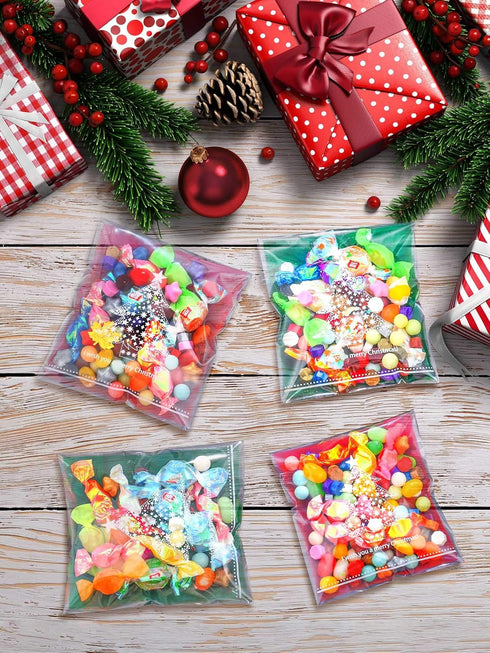 200 Pieces Christmas Treat Bags Clear Self-adhesive Candy Bags Cellophane Plastic Cookie Bags for Party Favors Christmas Decoration (Christmas Tre...