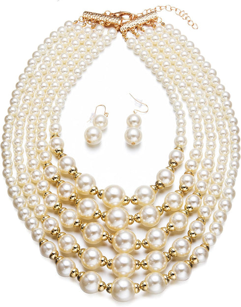 Women Elegant Pearl Jewelry Bead Cluster Collar Bib Choker Necklace and Earrings Set (Ivory)...