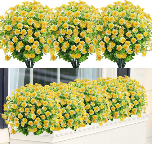 GREENRAIN 6 Bundles Artificial Daisy Flowers Outdoor Fake Flowers for Decoration No Fade Faux Plastic Flower Garden Porch Window Box Décor (Yellow...