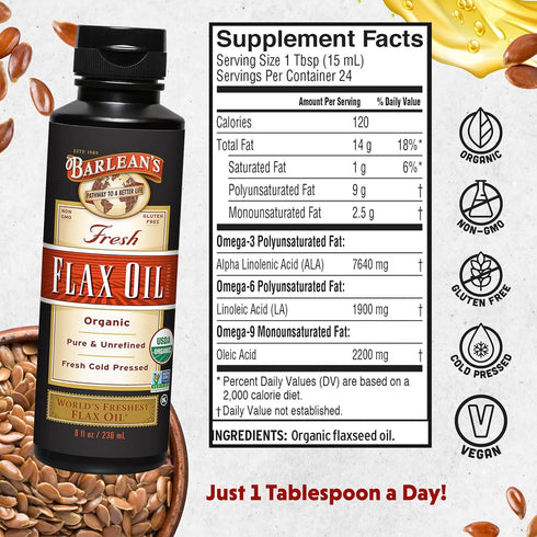 Barlean's Organic Flaxseed Oil Liquid, Cold Press Flax Seeds, 7,640mg ALA Omega 3 Fatty Acid Supplement for Healthy Hair, Skin, and Eyes, Vegan & ...
