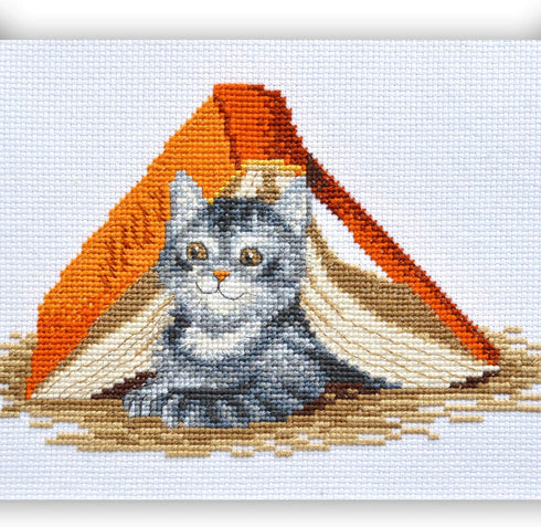 Povitrulya Counted Cross Stitch Kit 'Mischief Kitten' DIY Embroidery Set with Counted Gray Tabby Cat Pattern...