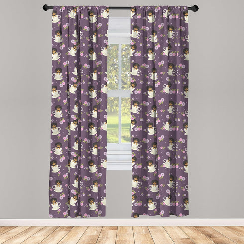 Ambesonne Tea Party Window Curtains, Dachshund Dogs Sitting Inside Cups and Wildflowers Aster Pets Graphic, Lightweight Decor 2-Panel Set with Rod...