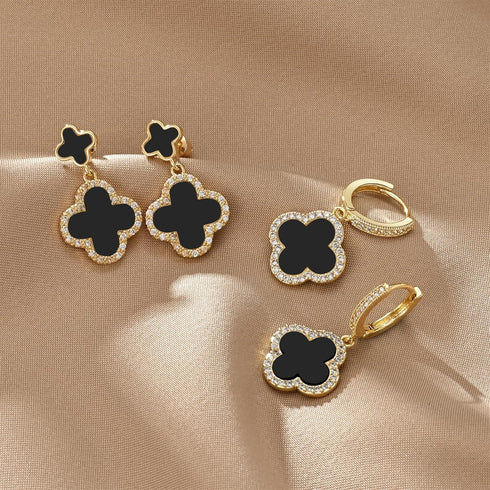 Lucky Clover Earrings Gold Dangle Hoop Earrings Black White Red Clover Earrings-Stud Jewelry Set for Women Trendy...