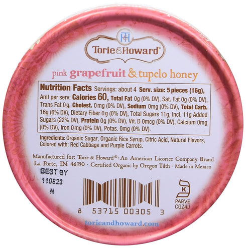 Torie and Howard Organic Hard Candy Tin, Pink Grapefruit and Tupelo Honey, 2 Ounce...