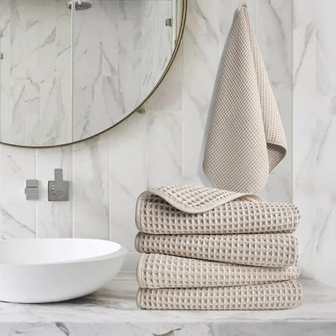 POLYTE Microfiber Lint Free Hand Towel, 16 x 30 in, 4 Pack (Beige, Waffle Weave)...