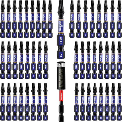 2 In. Security T20 Impact Magnetic Screwdriver Bit Set, 51Pieces #20 Torx Head Power Bit Set, S2 Alloy Steel Hollow Star Bit Set with 1Pcs Impact ...