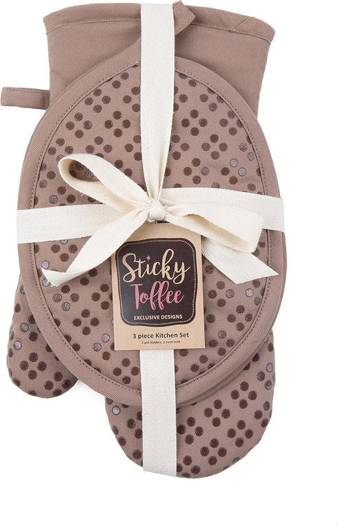 Sticky Toffee Oven Mitt and Pot Holder Set of 3 – Brown Non-Slip Silicone Kitchen Hot Pads and Mitts, 100% Cotton Shell, Oeko-Tex Cotton...