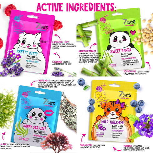 7DAYS Animal Face Masks Skincare (Set of 4) - Character Sheet Masks Set Moisturising, Hydrating - Birthday Party Gift for Women, Girls Night, Kids...