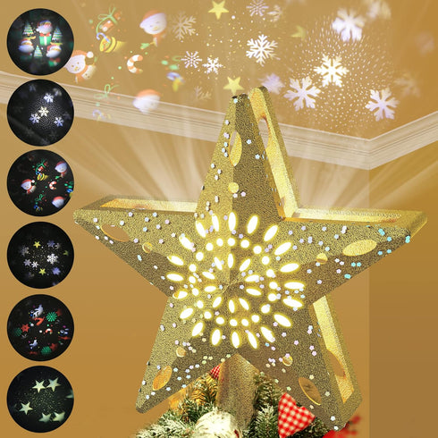 Ryhpez Christmas Tree Topper, Gold Star Christmas Tree Toppers with LED Rotating Snowflake Projector Lights, 3D Glitter Lighted for Christmas Tree...