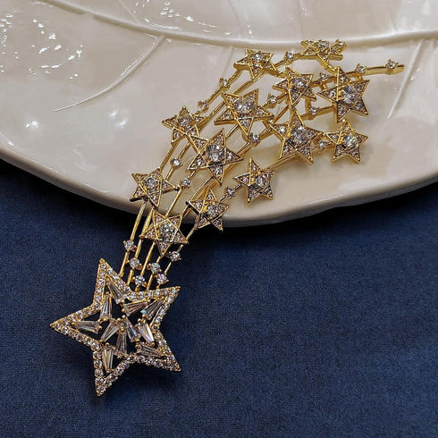 90’s Inspiration Gold Tone Cubic Zircon Shooting Star Brooch Pin Starburst Jewelry...