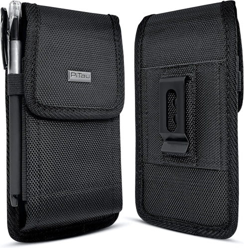 PiTau Holster for iPhone 15, 15 Pro, 14, 14 Pro, 13, 13 Pro, 12, 12 Pro, 11, XR, Black Nylon Cell Phone Belt Holder Case with Clip Carrying Pouch ...