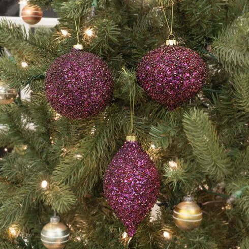Beaded Purple Plum Glittered Ball Finial 6 inch Glass Decorative Hanging Christmas Ornament Set 3...
