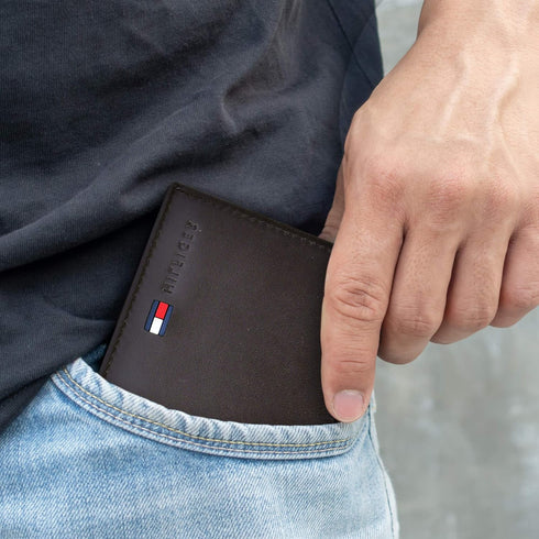 Tommy Hilfiger Men's Leather Wallet - Thin Sleek Casual Bifold with 6 Credit Card Pockets and Removable ID Window, British Brown...