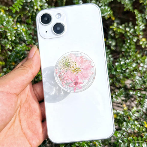 Pressed Pink Flowers Phone Grip,Handmade Dried Flowers Clear Phone Stand, Expanding Cell Phone Charms Accessory, Interchangeable Kickstand, Collap...