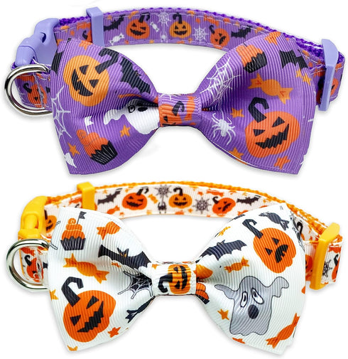 Halloween Dog Collar with Bow Tie, Holiday Pumpkin Jack-O-Lantern Collar for Small Medium Large Dogs Pets Puppies...