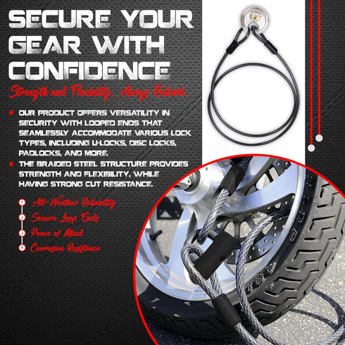 Anti-Theft Weatherproof Looped Security Cable Lock,Solid Stainless Steel with Loops for E-Bike, Bike, Scooter, Motorcycle, Ship, Door, Lawn Mower ...