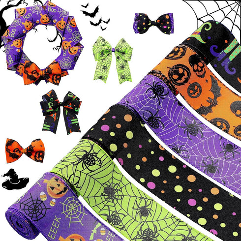 6 Rolls 30 Yards Halloween Wired Edge Ribbons Bat Spider Web Printed Ribbon Witch Legs Hat Skull Pumpkin Ribbons Halloween Decorative Wrapping Rib...