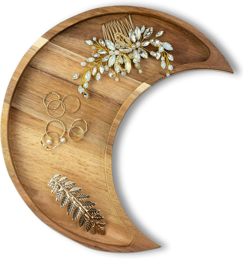 Home and Room Decor, Jewelry Organizer - Gothic Home Decor Trinket Dish, Moon Decor, Crystal Display, Acacia Wood Tray for Bedroom, Boho & Witchy ...