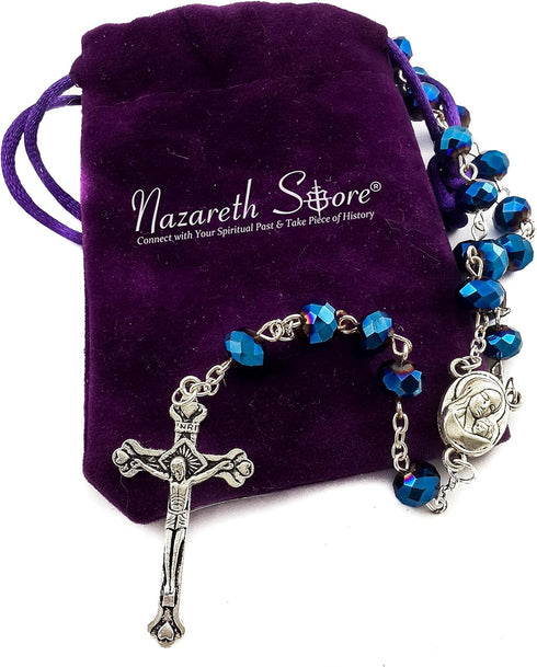Nazareth Store Deep Blue Crystal Beads Rosary Catholic Necklace Holy Soil Medal Cross Crucifix Velvet Bag...