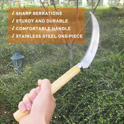 SHANFEEK Grass Sickle with Sawtooth Japanese Weeding Hoe Weeding Tools for Garden High Toughness Stainless Steel with Hard Solid Wood Handle(Yello...