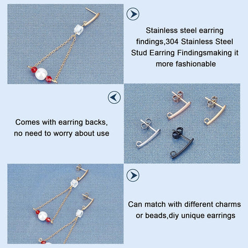 PH PandaHall Stud Earring with Loop, 32pcs(16 Pairs) 4 Colors 304 Stainless Steel Earring Post Ear Studs Findings with 32pcs Butterfly Ear Nuts fo...