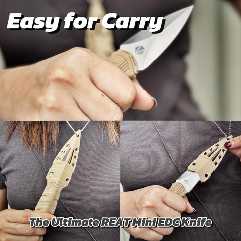 REAT mini EDC utility fixed blade knife, 6 inch 440C steel small spear point neck knife with necklace plastic sheath for outdoor, camping, hiking,...