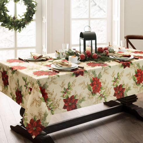 Elrene Home Fashions Festive Poinsettia Holiday Wrinkle Resistant Fabric Tablecloth, Multi, 60"x120" Rectangle...
