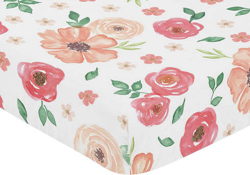 Sweet Jojo Designs Peach and Green Baby or Toddler Fitted Crib Sheet for Watercolor Floral Collection - Pink Rose Flower...